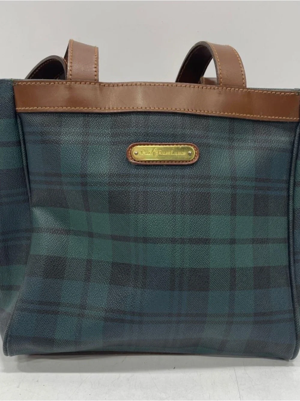Vintage Polo Ralph Lauren blackwatch tartan navy green Plaid Tote Brown Leather